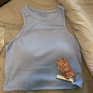 OGL Crop Razor Back Tank Top w/ Built in Bra - Color: Sky Blue - Size: Large